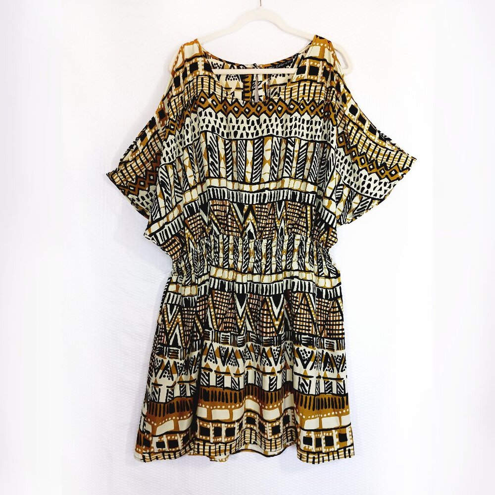 Mlle Gabrielle African Inspired Print Dress, Cold Shouldered Elastic Waist 2X